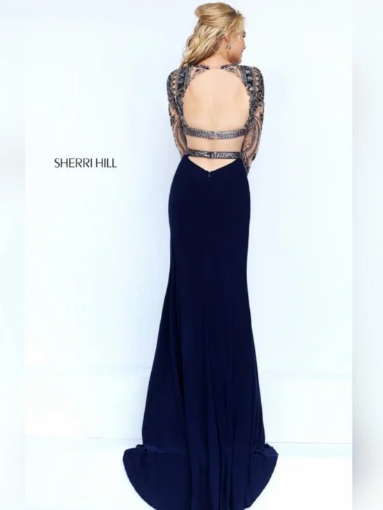 Prom Gown Sherri Hill 2 piece Navy Sequin 8 Mesh - Picture 4 of 8